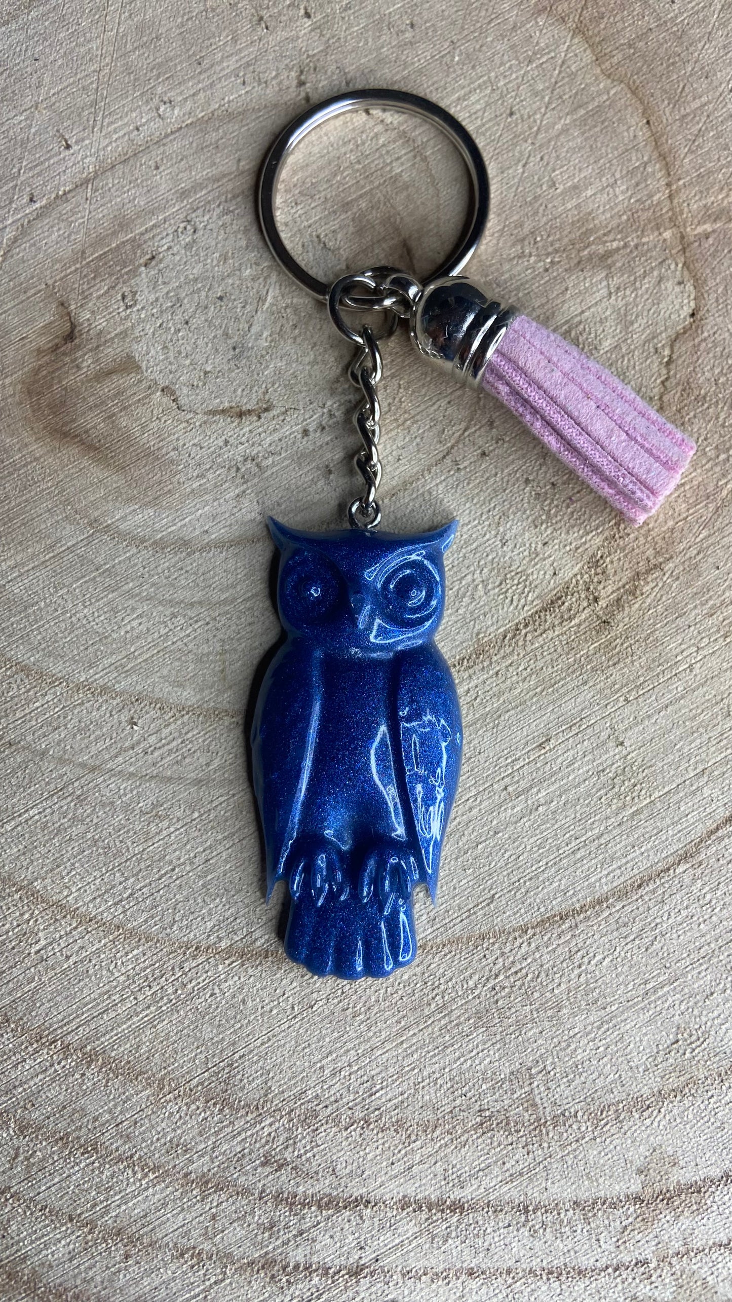 Porte clés Hibou - Bleu & pompon violet